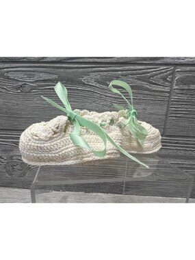 Vintage Handmade Crochet Newborn Baby Booties with Ribbon 3.5” READ